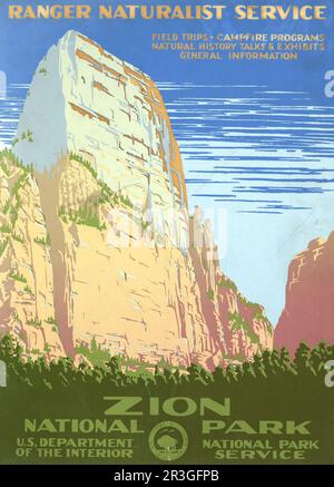 Affiche de voyage vintage pour le parc national de Zion, montre une vue sur une falaise au parc national de Zion, vers 1938. Banque D'Images