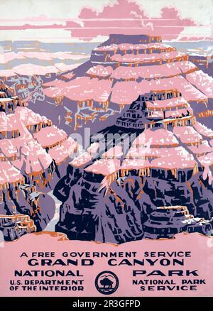 Une affiche de voyage d'époque montre des vues sur le parc national du Grand Canyon, un service gouvernemental gratuit, vers 1938. Banque D'Images