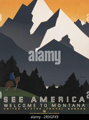 Affiche de voyage vintage 1936 pour le Bureau de voyage des États-Unis pour la promotion des voyages au Montana. Banque D'Images