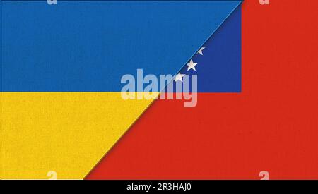 Drapeau de l'Ukraine et du Myanmar - illustration 3D. Deux drapeaux ensemble - texture de tissu. Symboles nationaux Banque D'Images