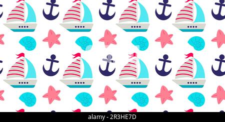 Motif sans coutures éléments nautiques. Bateau. coquillages, étoiles de mer et ancre. Vecteur de style plat Illustration de Vecteur