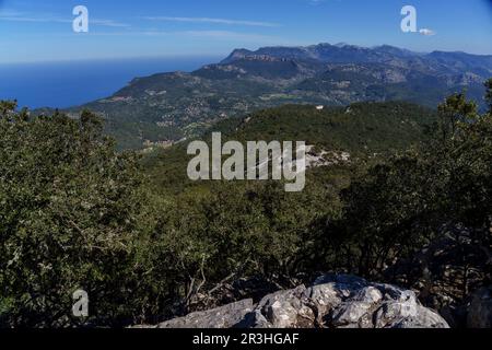 Vue sur le massif de tramuntana et l'ermitage de Maristela, son Ferra, Esporles, Majorque, Iles Baléares, Espagne. Banque D'Images