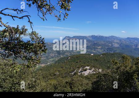 Vue sur le massif de tramuntana et l'ermitage de Maristela, son Ferra, Esporles, Majorque, Iles Baléares, Espagne. Banque D'Images