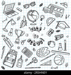 Ensemble d'illustrations vectorielles de fournitures scolaires de style doodle. Articles scolaires et papeterie dessinés à la main Illustration de Vecteur