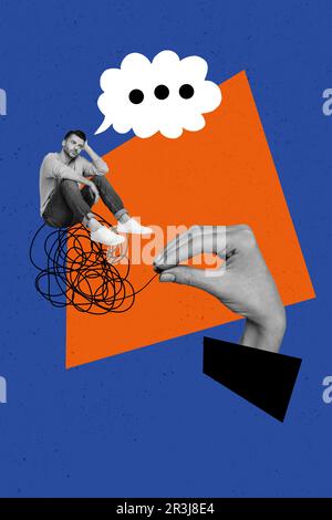 Modèle vertical créatif photo collage de moody jeune homme déprimé pensées accablées beaucoup de problèmes isolés sur fond bleu Banque D'Images