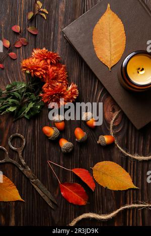 Composition de la couche plate avec de belles fleurs de chrysanthème, des feuilles d'automne et des glands sur une table en bois Banque D'Images