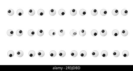 Yeux en plastique de jouet de marionnette animé et bancale. Poupée ou jouet mouvement réaliste yeux, marionnette ou drôle caractère isolé vecteur verre brillant ou en plastique yeux bancelants avec des iris regardant vers le haut, le bas et les côtés Illustration de Vecteur