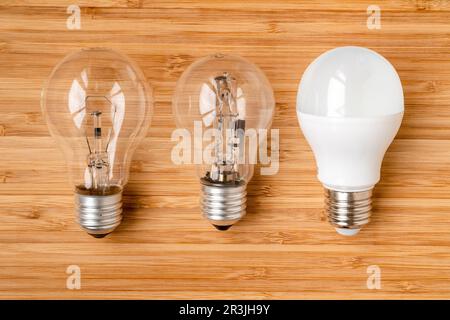 Ampoule tungstène, ampoule halogène et ampoule LED sur fond en bois Banque D'Images