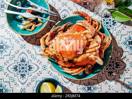 Crabe cuit sur une assiette bleue, citrons, vin de rose sur une table, intensité de lumière du soleil Banque D'Images