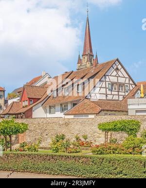 Jardin de la ville, mur de la ville et cathédrale notre-Dame, Radolfzell sur le lac de Constance Banque D'Images