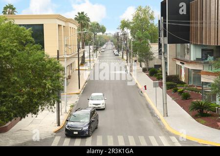 Mexique, San Pedro Garza Garcia - 26 août 2022: Rue de la ville avec des voitures modernes, des bâtiments et des palmiers Banque D'Images