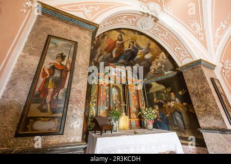 Retable Baroque, 1622, conçu par Francesc Ferrer, oratoire, Alaro, château, 14ème siècle, Majorque, Iles Baléares, Espagne. Banque D'Images