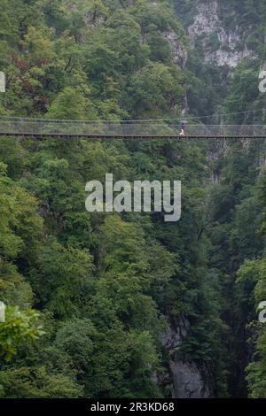 Senderistas con paraguas sobre la pasarela dHoltzarte, gargantas de Holzarté, Larrau, región de Aquitania, departamento de Pirineos Atlánticos, Francia. Banque D'Images