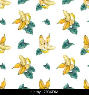 Motif sans couture. Motif aquarelle de bananes mûres ouvertes et de feuilles vertes sur fond blanc. Tous les éléments sont peints à la main en aquarelle. Banque D'Images