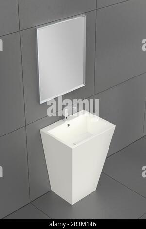 Lavabo au sol blanc avec robinet à capteur d'argent et miroir dans la salle de bains Banque D'Images