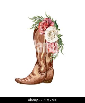 Fleurs d'aquarelle dans les bottes. Bottes de cowboy et fleurs. Mariage de ructick de ferme. WESTERN Clipart Banque D'Images