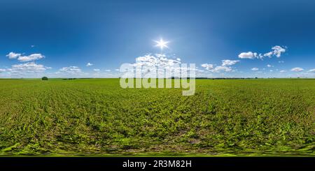 Vue panoramique à 360° de vue panoramique 360 hdri parfaite entre les champs agricoles avec soleil et nuages dans le ciel couvert en projection sphérique équirectangulaire, prête à l'emploi a