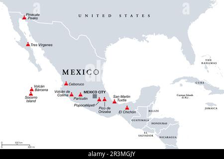 Ceinture volcanique trans-mexicaine, carte avec les principaux volcans actifs du Mexique. Également connue sous le nom de ceinture transvolcanique et localement sous le nom de Sierra Nevada. Banque D'Images