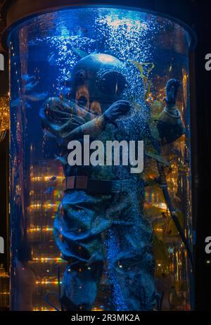 Mannequin en combinaison de plongée dans une vitrine de magasin dans le quartier Flatiron de Manhattan Banque D'Images