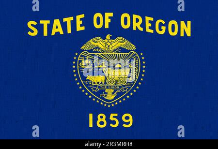 Drapeau de l'État américain de l'Oregon sur une surface texturée. Drapeaux des États américains drapeau de tissu Oregon. Symbole o Banque D'Images