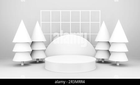 Scène vide avec podium et décorations de Noël. Un minimum de maquette de Noël scène d'hiver. Arbres de Noël et boîtes-cadeaux sur un blanc pur Banque D'Images