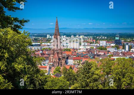 Cathédrale et vue sur le paysage de Fribourg im Breisgau, région du Bade-Wurtemberg en Allemagne Banque D'Images