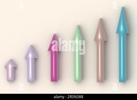 Des flèches multicolores pointent vers le haut sur un fond beige, un graphique avec des indicateurs croissants. Statistiques et rapport Banque D'Images