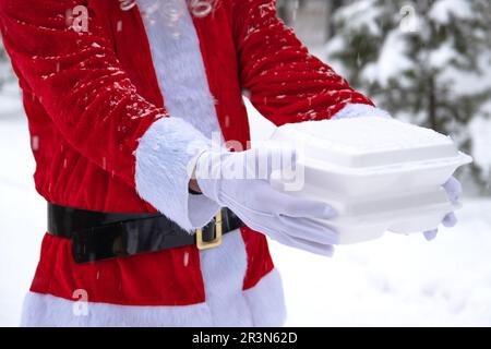 Conteneurs de service de livraison de nourriture dans les mains du Père Noël à l'extérieur dans la neige. Promotion de la veille de Noël. Commande à chaud prête à l'emploi Banque D'Images