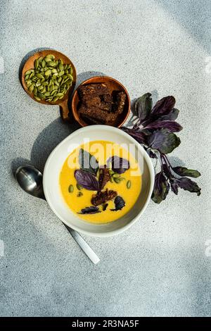 Vue de dessus du bol avec soupe à la crème de citrouille avec herbes de basilic, pain de seigle et graines sur fond gris flou avec feuilles Banque D'Images