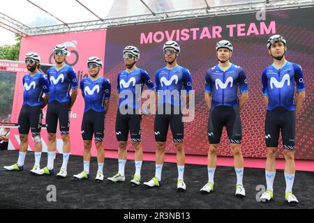 Pergine Valsugana, Italie. 24th mai 2023. Giro d'Italia - circuit de course cycliste UCI de l'Italie 2023, étape 17 197 km de Pergine Valsugana à Caorle. Fernando Gaviria de Colombie, Wwill Barta des Etats-Unis, Max Kanter d'Allemagne, José Joaquín&#xed;n Rojas d'Espagne, einer Augusto Rubio de Colombie, Albert Torres d'Espagne, Carlos Verona d'Espagne et Movistar Team Credit: Action plus Sports/Alay Live News Banque D'Images