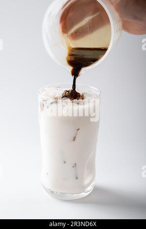 Latte au lait de noix de coco cru, lait de noix de coco épais et café Banque D'Images