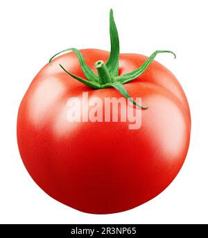 Tomate rouge fraîche mûre avec feuille verte isolée sur fond blanc avec passe-cheveux. Profondeur de champ complète Banque D'Images