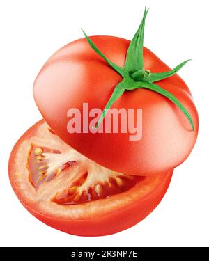 Tomates coupées en deux isolées sur fond blanc avec masque. Profondeur de champ complète. Banque D'Images