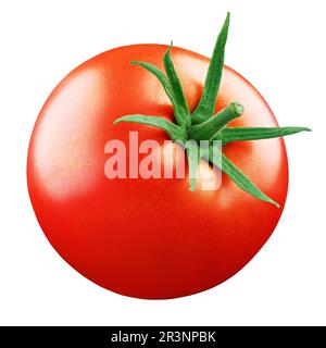 Tomate rouge fraîche mûre avec feuille verte isolée sur fond blanc avec passe-cheveux. Profondeur de champ complète Banque D'Images