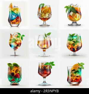 Ensemble de 9 cocktails alcoolisés sur fond blanc Banque D'Images