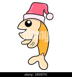 Poisson doré avec chapeau de père noël. icône doodle Banque D'Images