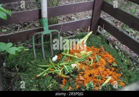 Compost de déchets organiques. Recyclage des aliments dans le jardin de la maison et vie durable. L'homme jette les restes de légumes et de fruits de cuisine pour la biodégradati Banque D'Images