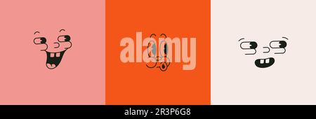 Personnages de dessin animé rétro visages drôles en 30s, 50s style mascotte. Vecteur ancienne Illustration partie du visage - yeux, nez et bouche. Caricature de Comic vintage f Illustration de Vecteur