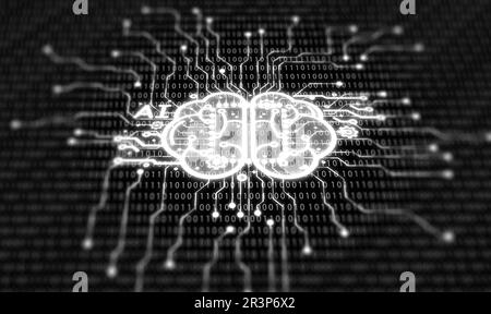 Le cerveau de l'intelligence artificielle est intégré sur une carte de circuit imprimé et un fond de code binaire. Ai, apprentissage machine, apprentissage profond, et neural netwo Banque D'Images