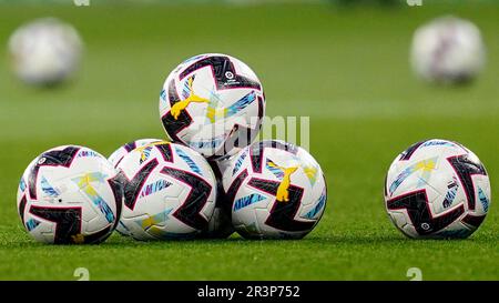 Barcelone, Espagne. 24th mai 2023. Des ballons de LaLiga ont joué au stade RCDE sur 24 mai à Barcelone, en Espagne, lors du match de la Liga entre le RCD Espanyol et l'Atlético de Madrid. (Photo de Sergio Ruiz/PRESSIN) Credit: PRESSINPHOTO SPORTS AGENCY/Alay Live News Banque D'Images