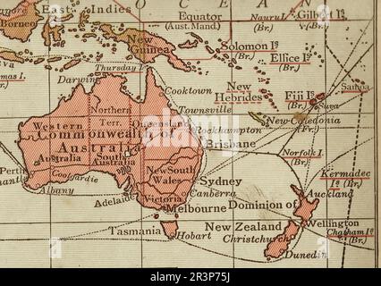 Carte politique d'époque en sépia montrant l'Australie et la Nouvelle-Zélande. Banque D'Images