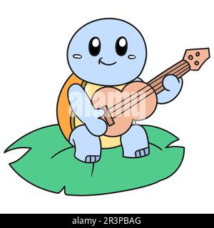 Une tortue sur une feuille jouant de la musique avec une guitare, doodle kawaii. icône doodle Banque D'Images