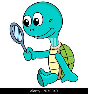 Tortue mignonne dans le miroir, Doodle kawaii. icône doodle Banque D'Images