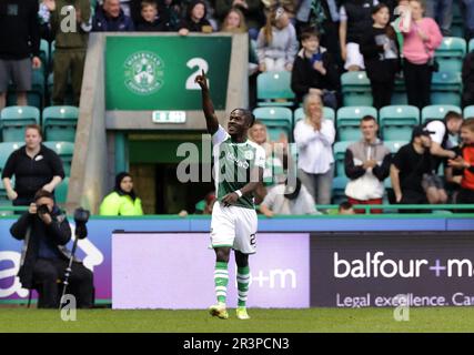 Elie Youan d'Hibernian célèbre le troisième but de son côté lors du match cinch Premiership à Easter Road, Édimbourg. Date de la photo: Mercredi 24 mai 2023. Banque D'Images