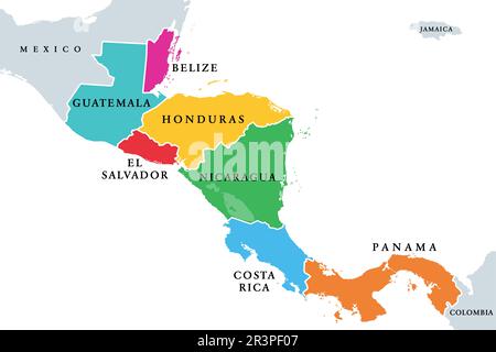 Pays d'Amérique centrale, carte politique colorée. Sous-région des Amériques, entre le Mexique et la Colombie. Banque D'Images