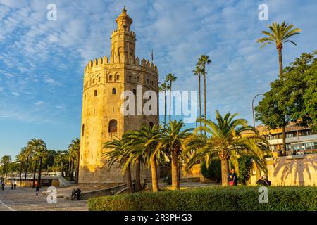 SÉVILLE, ESPAGNE - 1 JANVIER 2023: Tour d'or au coucher du soleil (Torre del Oro) à Séville, Espagne sur 1 janvier 2023 Banque D'Images