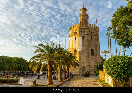 SÉVILLE, ESPAGNE - 1 JANVIER 2023: Tour d'or au coucher du soleil (Torre del Oro) à Séville, Espagne sur 1 janvier 2023 Banque D'Images