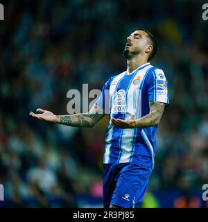 Cornellà, Espagne, 24, mai 2023. Espagnol la Liga : RCD Espanyol / Atlético de Madrid. Joselu (9) réagit Credit: JG/Alay Live News Banque D'Images