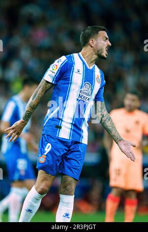 Cornellà, Espagne, 24, mai 2023. Espagnol la Liga : RCD Espanyol / Atlético de Madrid. Joselu (9) réagit Credit: JG/Alay Live News Banque D'Images