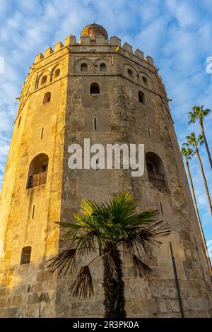 SÉVILLE, ESPAGNE - 1 JANVIER 2023: Tour d'or au coucher du soleil (Torre del Oro) à Séville, Espagne sur 1 janvier 2023 Banque D'Images